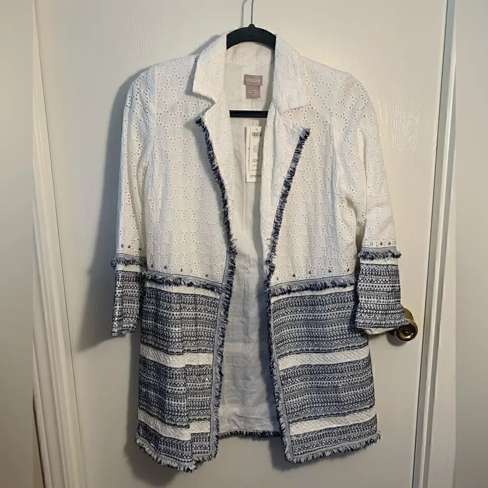 Chico’s NWT white eyelet with navy blue embroidery silver beaded jacket Size 00P